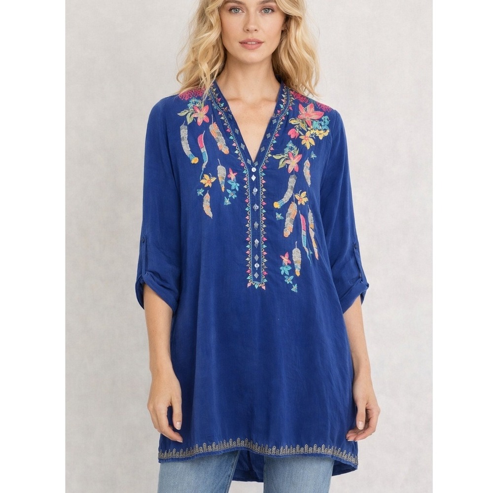 Johnny Was Tunic Top Blue Embroidered Cupra‎ Rayon Boho Size S
